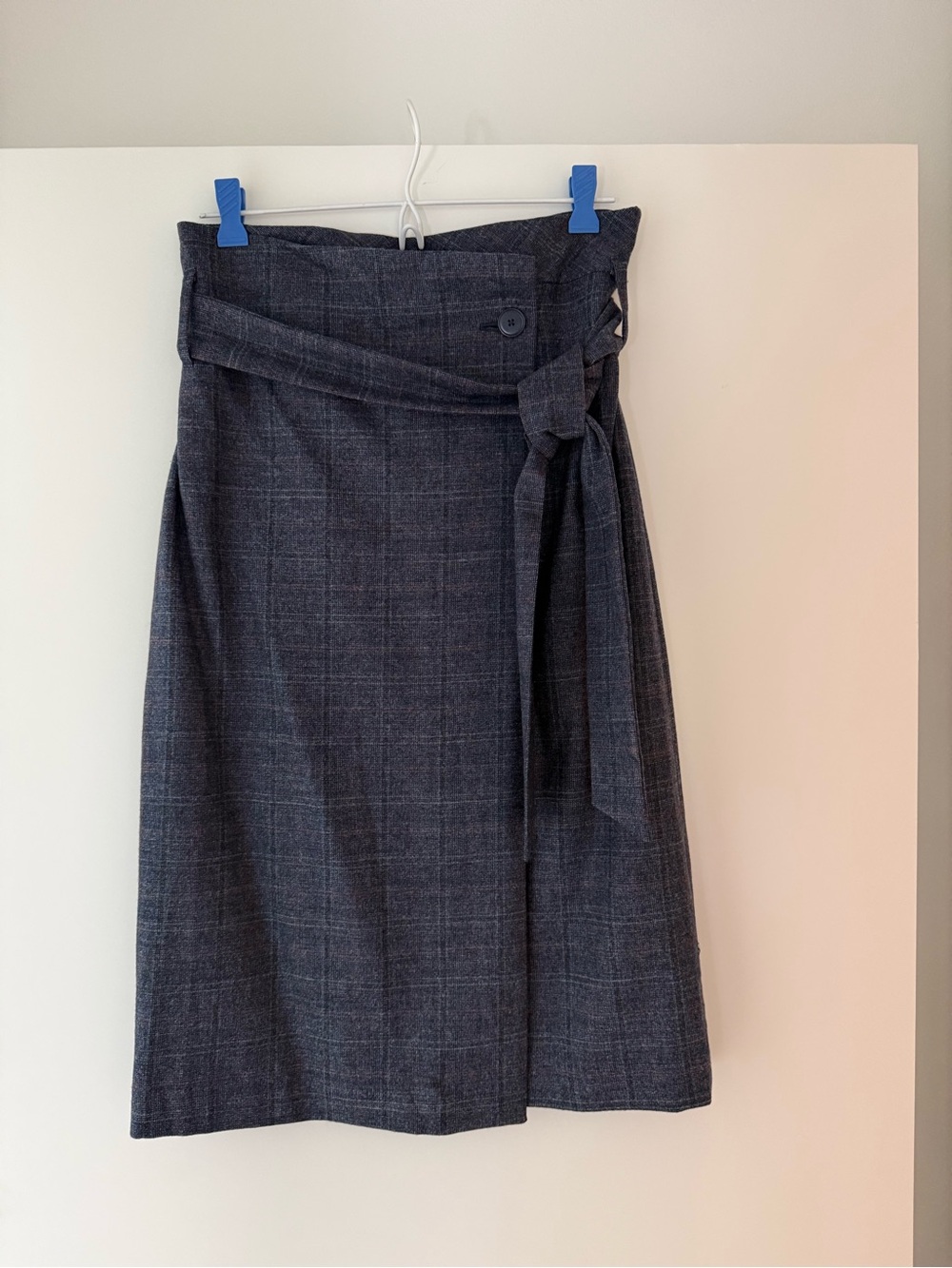 Babaton Navy Plaid Midi Wrap Skirt with Waist Tie